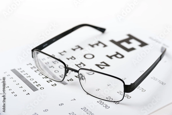 Fototapeta Eye glasses on eyesight test chart background close up