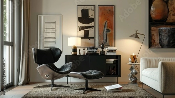 Fototapeta  Urban Oasis: Modern Living Room with Black Commode and Elegant Decor