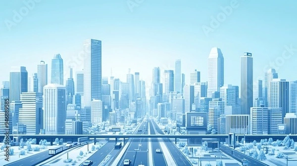 Fototapeta A futuristic cityscape with IoT sensors on every building, cars, and streetlights