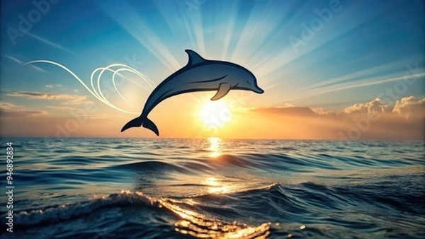 Fototapeta Delicate, hand-drawn dolphin silhouette in understated elegance, surrounded by subtle waves, radiating tranquility and peacefulness in a soothing, minimalist oceanic setting.