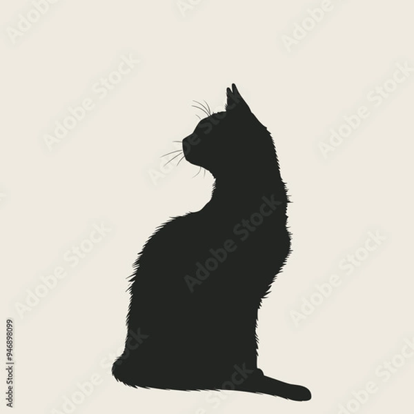 Fototapeta Silhouette of a cat sitting in profile with a light beige background.