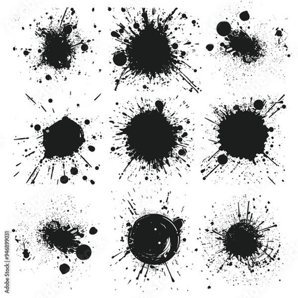 Fototapeta Collection of diverse ink splashes on a white background creating a dynamic and artistic effect.