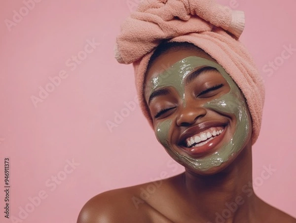 Fototapeta beauty photo of a African young girl smiling wearing a cosmetic face mask on her face and a towel on her head portrait photo on a light pink background studio soft light style beauty photo