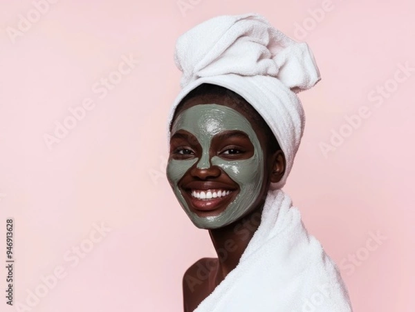Fototapeta beauty photo of a African young girl smiling wearing a cosmetic face mask on her face and a towel on her head portrait photo on a light pink background studio soft light style beauty photo