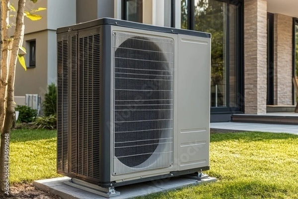 Fototapeta An outdoor air conditioning unit sits on a concrete pad. This photo can be used for articles about air conditioning, home improvement, or energy efficiency.