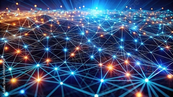 Fototapeta Intricate network of interconnected nodes and lines forms a complex geometric pattern, representing abstract concepts of connection, structure, and relationship in a futuristic digital landscape.