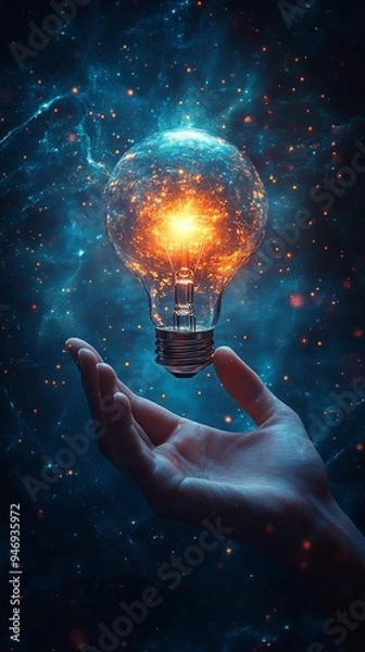 Obraz Hand is holding a glowing lightbulb against a cosmic background filled with vibrant colors and shimmering stars