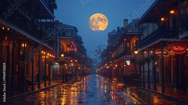 Obraz Time lapse of the moon over Bourbon street , carnaval , dark shadow lighting, patch of light