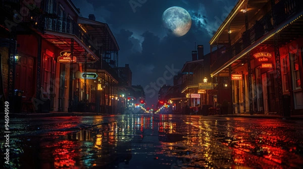 Obraz Time lapse of the moon over Bourbon street , carnaval , dark shadow lighting, patch of light