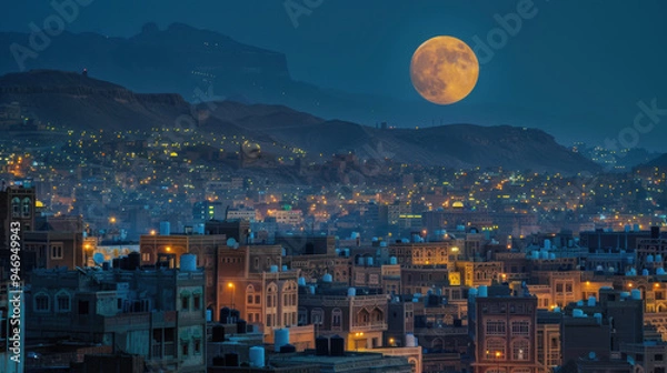 Obraz amazing view of Sanaa city of Yemen , night , Moon