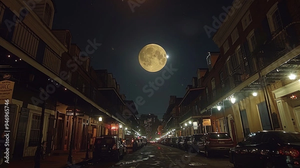 Obraz Time lapse of the moon over Bourbon street , carnaval , dark shadow lighting, patch of light 