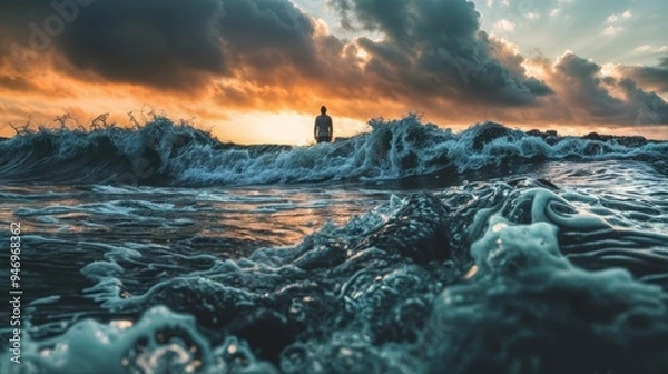 Fototapeta A man stands on the shore, facing powerful ocean waves crashing against the beach at sunrise under dramatic clouds..