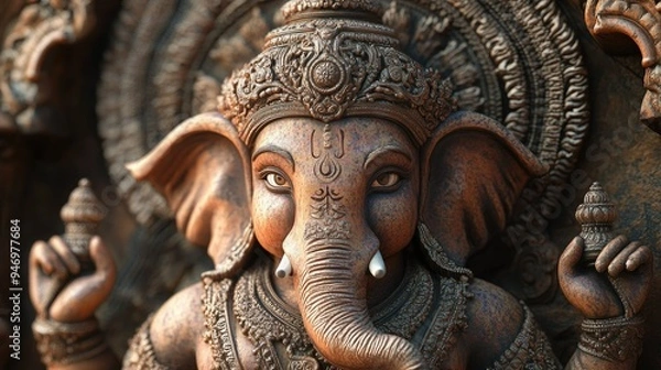 Fototapeta A beautifully crafted image of Lord Ganesha, with detailed ornamentation and a serene expression, embodying divine grace and wisdom.