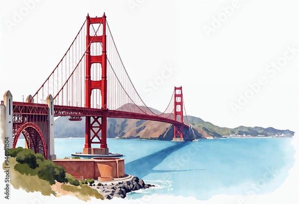 Fototapeta Aesthetic Golden Gate Bridge view made with watercolor	
