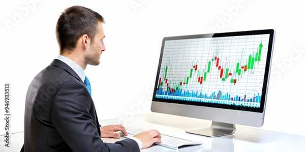 Fototapeta 3D Financial Officer Analyzing Stock Market Trends on Computer Screen - Candid Image Capturing Intense Data Analysis