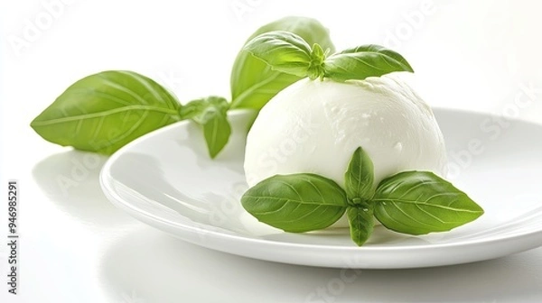 Obraz A fresh ball of mozzarella cheese on a white plate, garnished with vibrant green basil leaves, set against a clean white background, showcasing simplicity and elegance