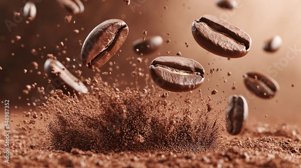 Fototapeta Coffee splash, close-up, several coffee beans flying around in coffee powder, advertising photography, studio shot