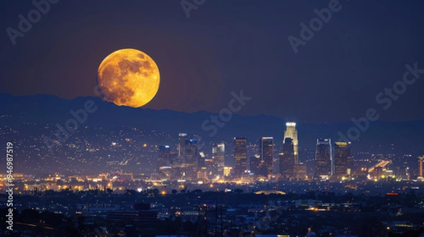 Obraz night time photo of downtown Los Angeles with a enlarged moonrise in the background 