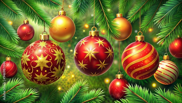 Fototapeta Background with Christmas ornaments, red and gold glittering baubles on a backdrop of fir branches