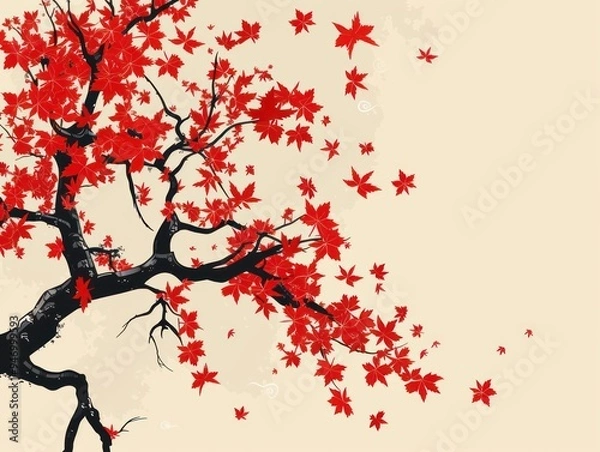 Fototapeta Red Maple Leaves Falling From Branch.