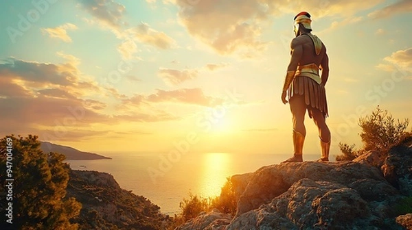 Fototapeta A warrior clad in golden armor stands poised at sunset, the epic landscape behind him glowing with hues of red and gold, as if touched by the gods themselves.