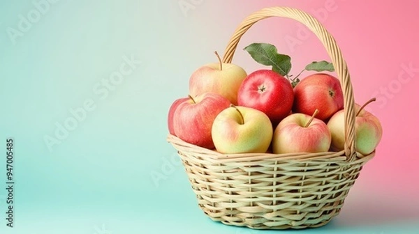 Fototapeta Fresh apples nestled in a bamboo basket against a pastel background, promoting their use in reducing dark circles.