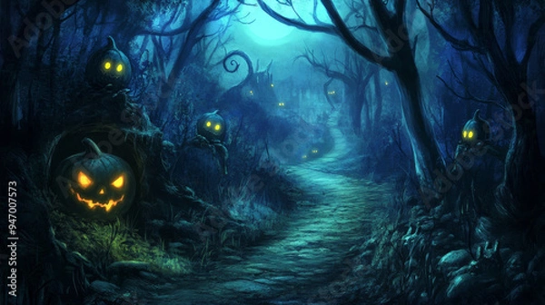 Fototapeta A ghostly forest path with glowing eyes emerging from the darkness.