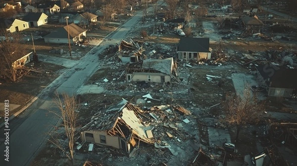 Fototapeta A suburban neighborhood devastated by a natural disaster, roofs torn off, shattered glass, and fallen power lines lying amidst the wreckage