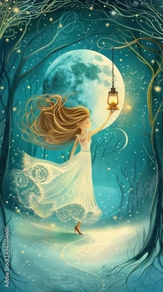 Fototapeta Enchanting Woman in Forest with Lanterns and Moon.