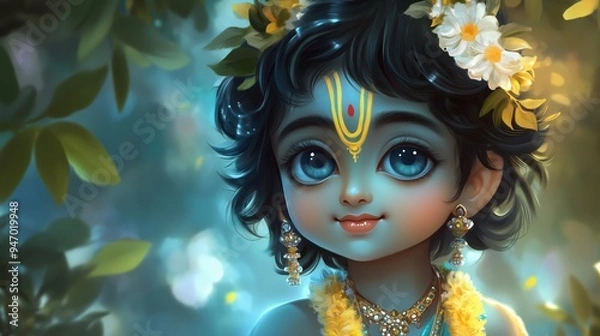 Fototapeta Little Krishna's Enchanting Gaze: A captivating digital art piece depicting a youthful Lord Krishna with mesmerizing blue eyes, adorned with flowers and traditional ornaments, amidst a mystical forest