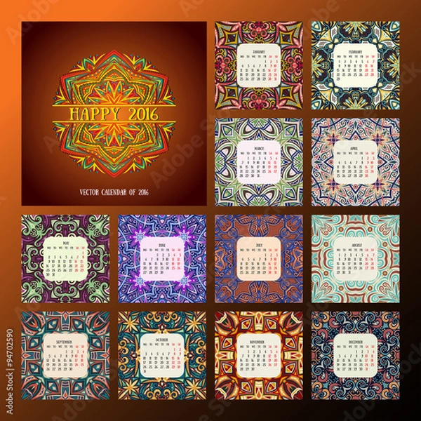 Fototapeta square calendar 2016. Oriental colorful patterns, vector illustration.