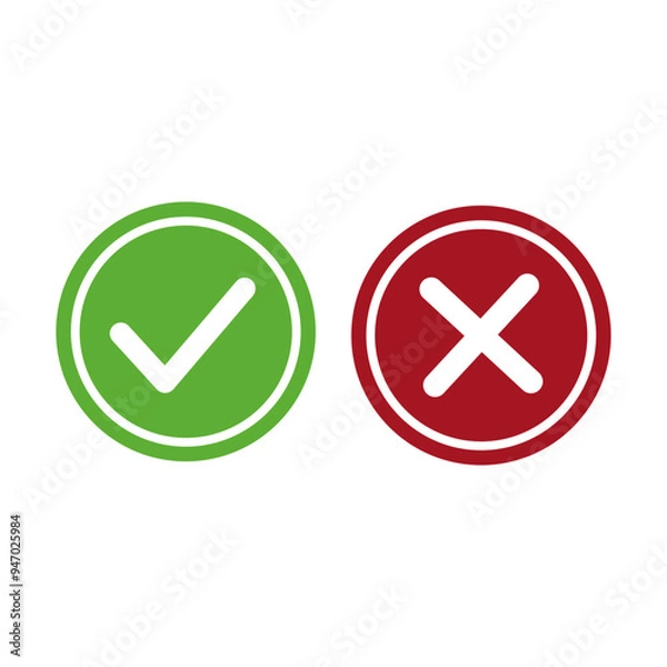 Fototapeta Checkmark icon. Red cross symbol. Circle shape graphic. Approval and rejection signs.