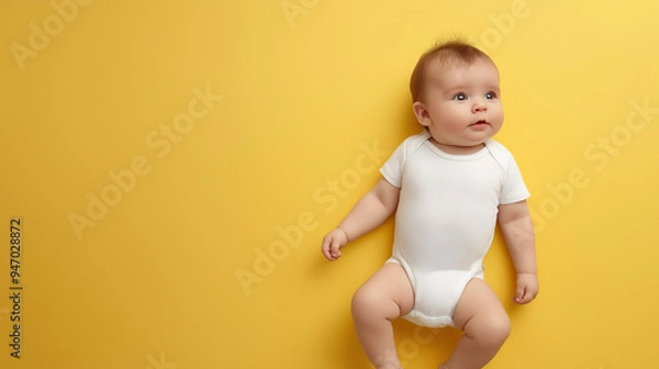 Fototapeta Baby is lying on its back on a yellow background wearing a white onesie