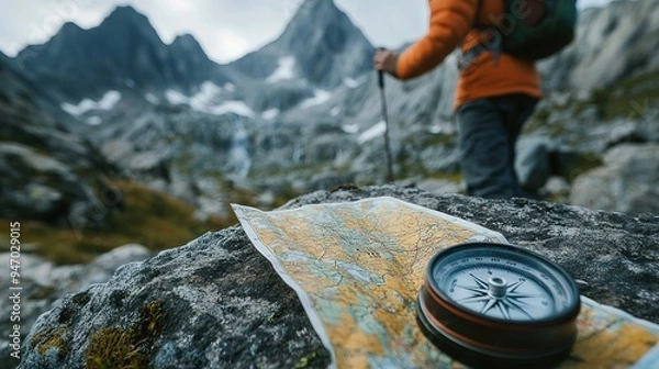 Fototapeta a map and compass on a rock, with a hand pointing towards a distant mountain peak