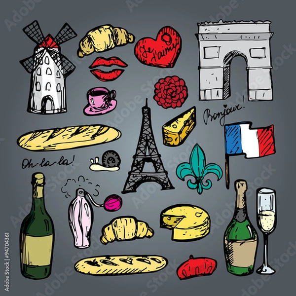 Fototapeta French paris set of sketch elements