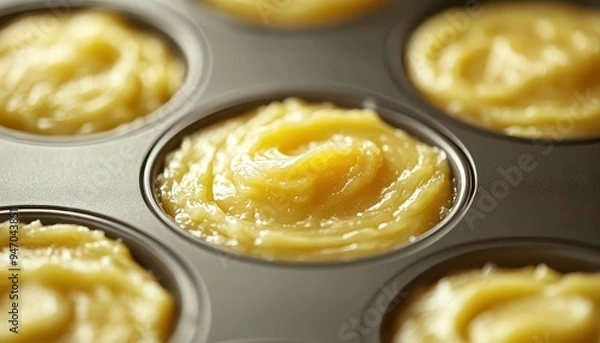 Fototapeta Muffin tin with batter filled and ready to bake in the oven