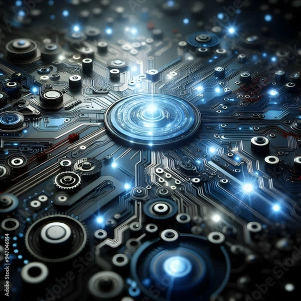 Fototapeta Glossy Abstract Background with Glowing Circuits: Technology Management Concept Captured in Detail, Emphasizing Operational Efficiency - Photo Stock