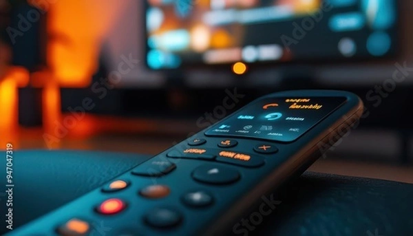 Fototapeta Smart TV with remote control displaying a streaming service menu