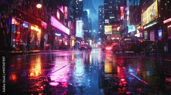 Fototapeta Vibrant city street at night with colorful neon lights and reflections on wet pavement, creating a bustling urban atmosphere.