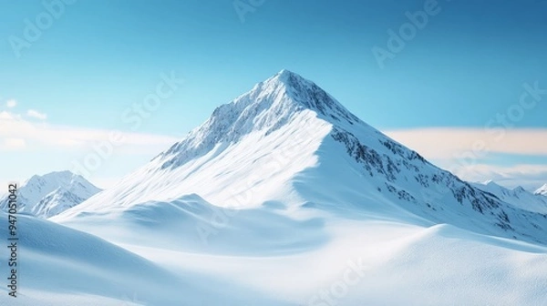 Fototapeta Stunning view of a snow-covered mountain peak under a clear blue sky, showcasing the beauty of winter in a serene and majestic landscape.