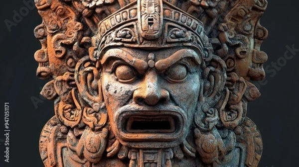 Fototapeta Ancient Stone Carving of a Ferocious Face with Intricate Detailing