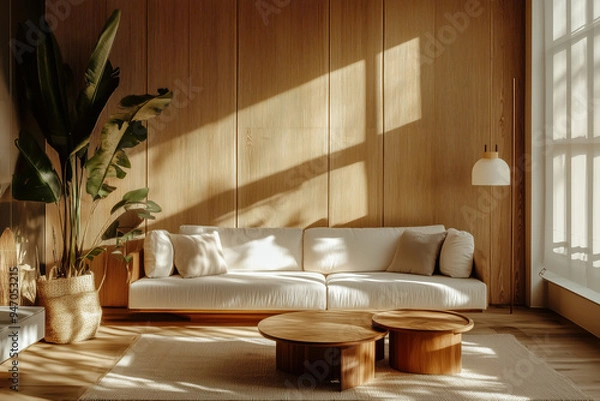 Obraz Sala de estar moderna com sofá colorido e iluminação natural, decorada com plantas, quadros e móveis elegantes, capturada por IA generativa.

