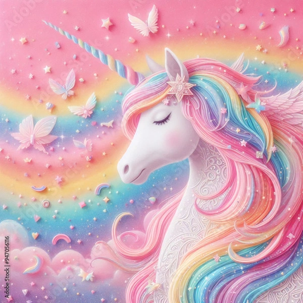 Fototapeta Rainbow unicorn pastel background with glitter stars. Pink fantasy sky. Holographic space with bokeh. Fairy iridescent gradient backdrop. Vector	