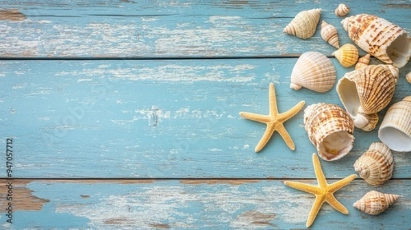 Fototapeta Seashells and starfish on beach-themed wooden background. Perfect for summer, vacation, and coastal themed concepts.