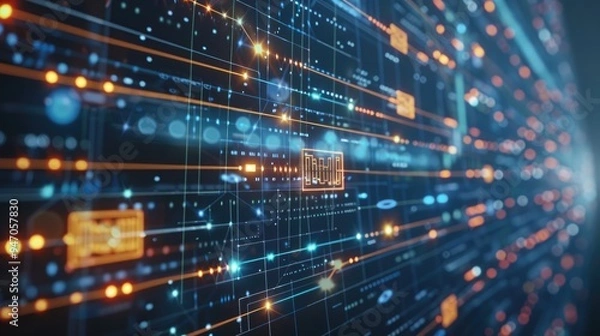 Fototapeta Blockchain technology powering international money transfer on a digital screen