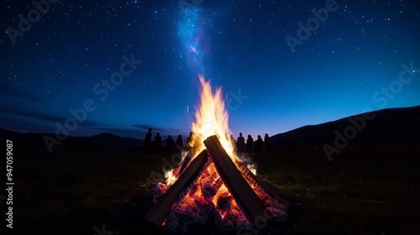 Obraz A vibrant campfire illuminates the night sky, creating a warm ambiance under a starlit landscape.