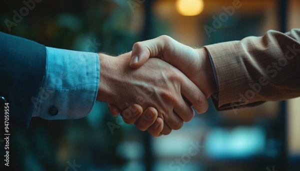 Obraz Aperto de mãos entre dois homens de negócios em ambiente corporativo, simbolizando acordo ou parceria, capturado por IA generativa.
