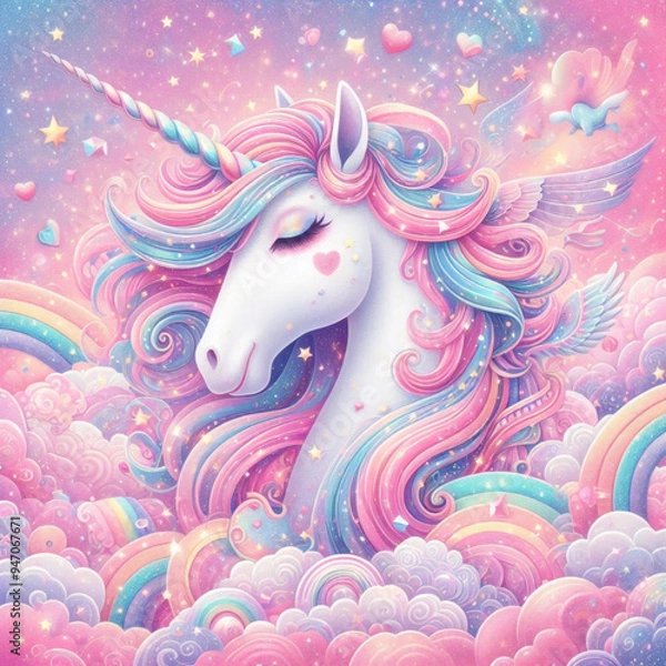 Fototapeta Rainbow unicorn pastel background with glitter stars. Pink fantasy sky. Holographic space with bokeh. Fairy iridescent gradient backdrop. Vector	