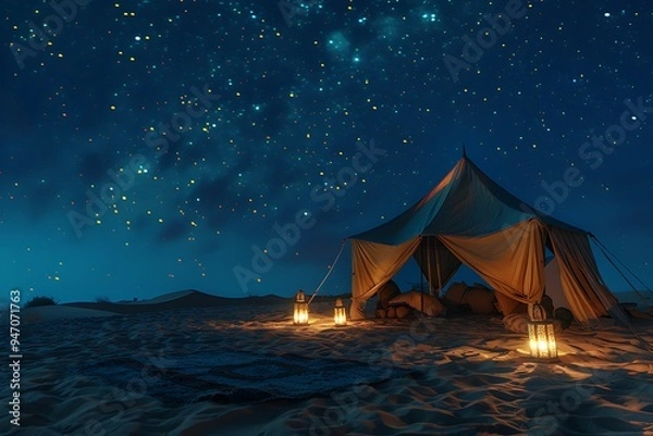 Fototapeta Camping in the deserts of Saudi Arabia, soft golden sand and terrain at night, a traditional Bedouin tent lit with metal lanterns in the middle of the desert.