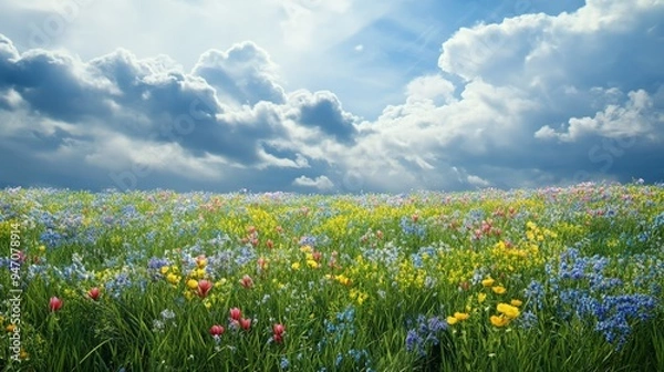 Fototapeta Beautiful meadow filled with colorful wildflowers under a partly cloudy sky, showcasing nature's serenity and vibrant summer blooms.